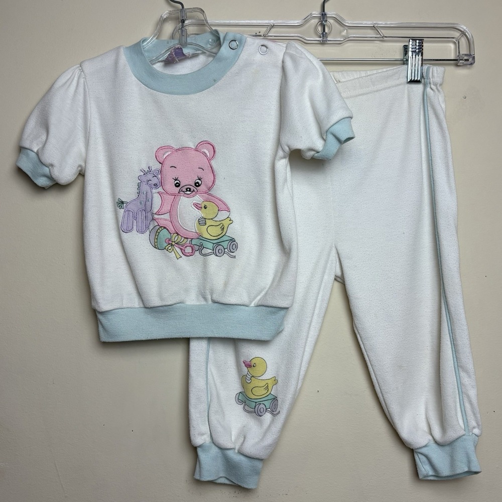 VTG Rattles Baby 2 Piece Short and Pants Set 24 Months Bear Toys Embroidered